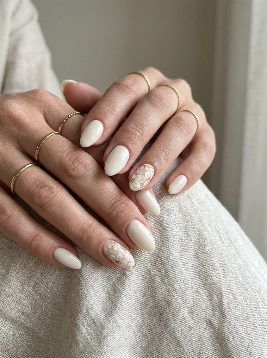 Cream Floral Nails